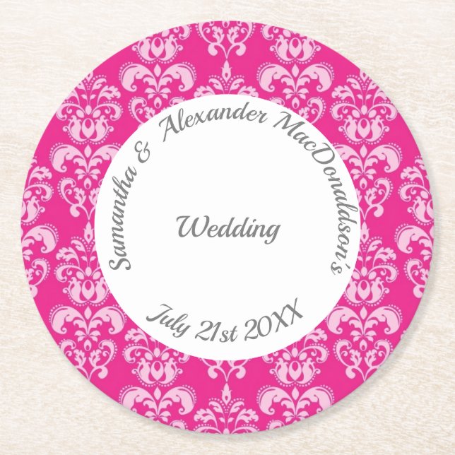 Hot Pink damask wedding Round Paper Coaster (Front)