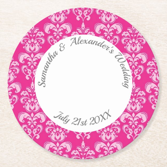 Hot Pink damask wedding Round Paper Coaster (Front)