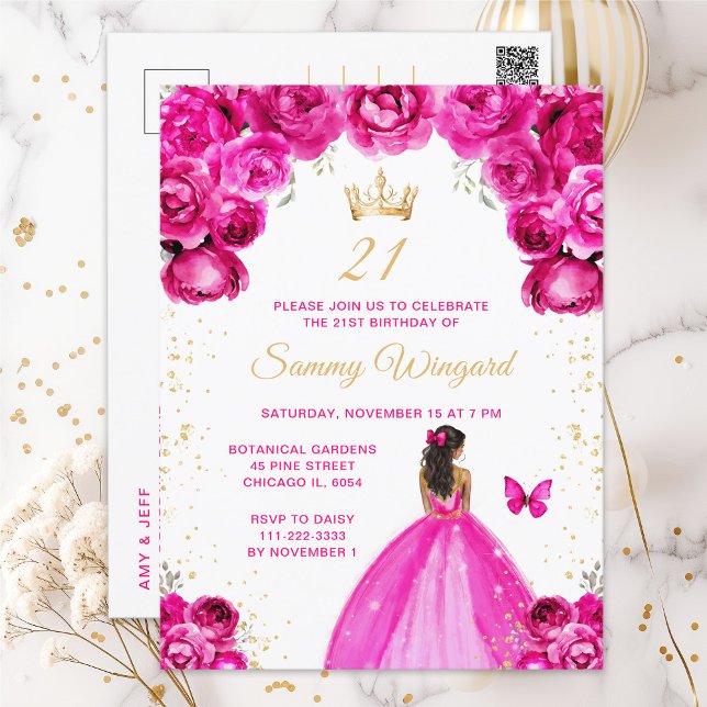 Hot Pink Dark Skin Princess Birthday Party Postcard (Creator Uploaded)