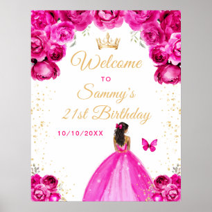 Hot Pink Dark Skin Princess Birthday Welcome Poster