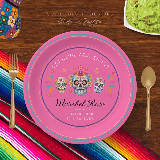 Hot Pink Day of the Dead Sugar Skull Birthday Paper Plate (Hot pink calavera day of the dead dia de los muertos birthday party sugar skull paper plates custom)