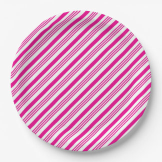Hot Pink Diagonal Candy Stripe Pattern Paper Plate