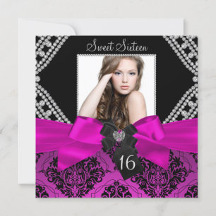 Hot Pink Diamond Bow & Black Damask Photo Sweet 16 Invitation