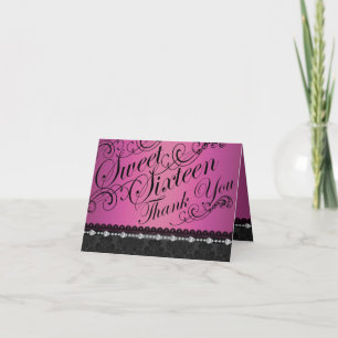 Hot Pink Diamond & Damask sweet16 Thank You card
