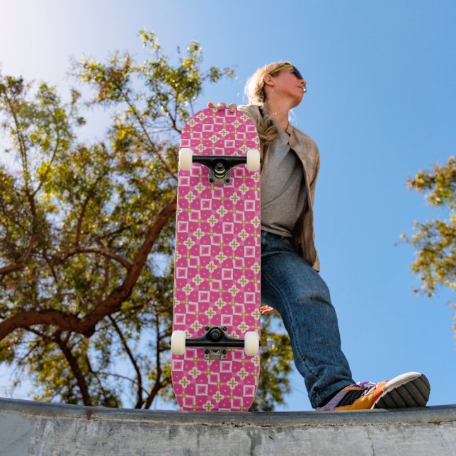 Hot Pink Diamond Flower Sparkle Skateboard (Outdoor 1)
