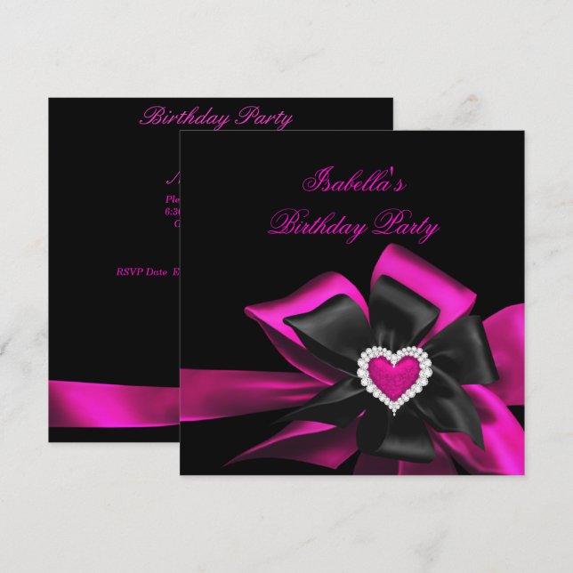 Hot Pink Diamond Heart Black Bow Birthday Party Invitation (Front/Back)