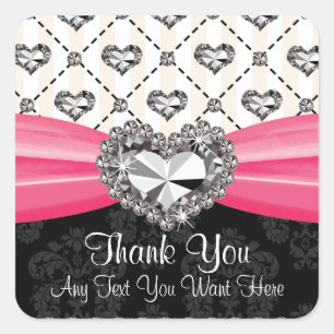 Hot Pink Diamond Rhinestone Heart Thank You Labels
