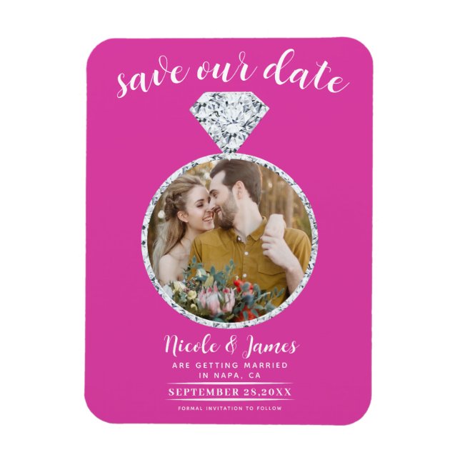 Hot Pink Diamond Ring Bling Photo Save the Date Magnet (Vertical)