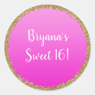 Hot Pink Dipped Gold Glitter Glam Sparkle Party Classic Round Sticker