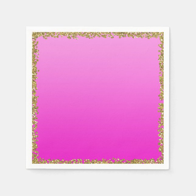 Hot Pink Dipped Gold Glitter Glam Sparkle Party Napkin (Front)