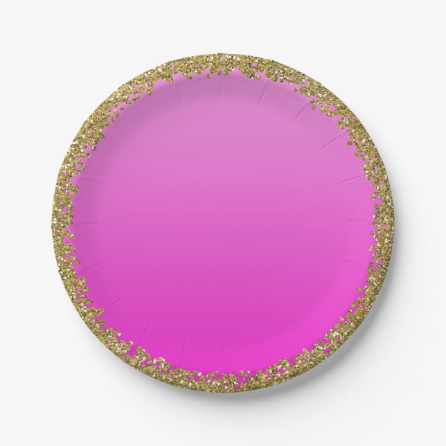 Hot Pink Dipped Gold Glitter Glam Sparkle Party Paper Plate (Front)