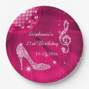 Hot Pink Disco Ball and Heels 21st Birthday Paper Plate