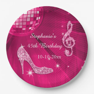 Hot Pink Disco Ball and Heels 45th Birthday Paper Plate