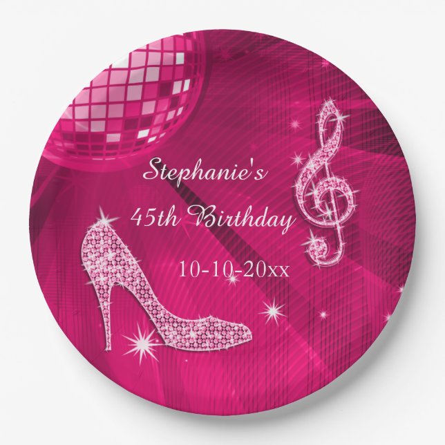 Hot Pink Disco Ball and Heels 45th Birthday Paper Plate (Front)
