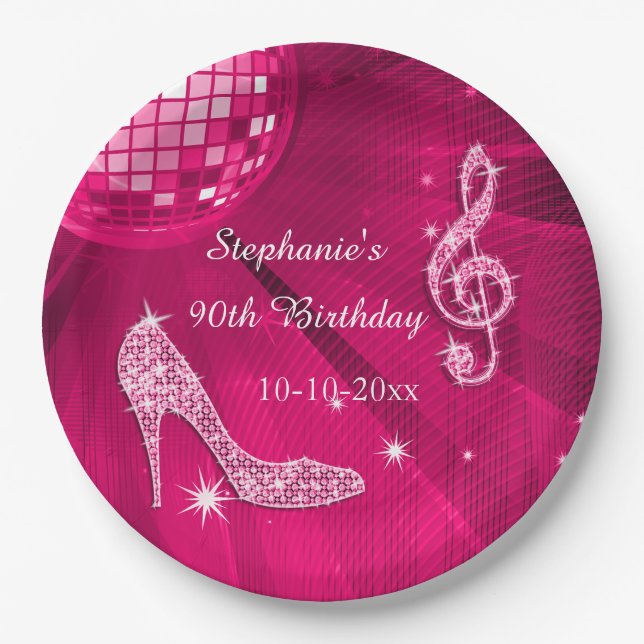 Hot Pink Disco Ball and Heels 90th Birthday Paper Plate (Front)
