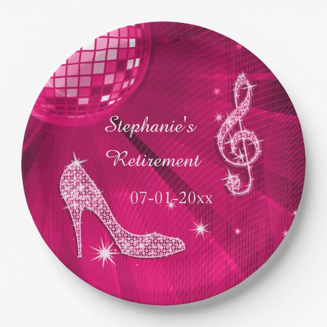 Hot Pink Disco Ball and Heels Retirement Paper Plate (Front)