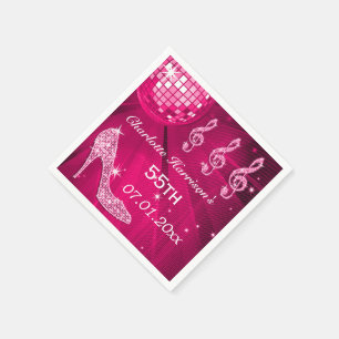Hot Pink Disco Ball and Sparkle Heels 55th Napkin