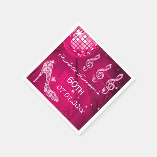 Hot Pink Disco Ball and Sparkle Heels 60th Napkin (Corner)