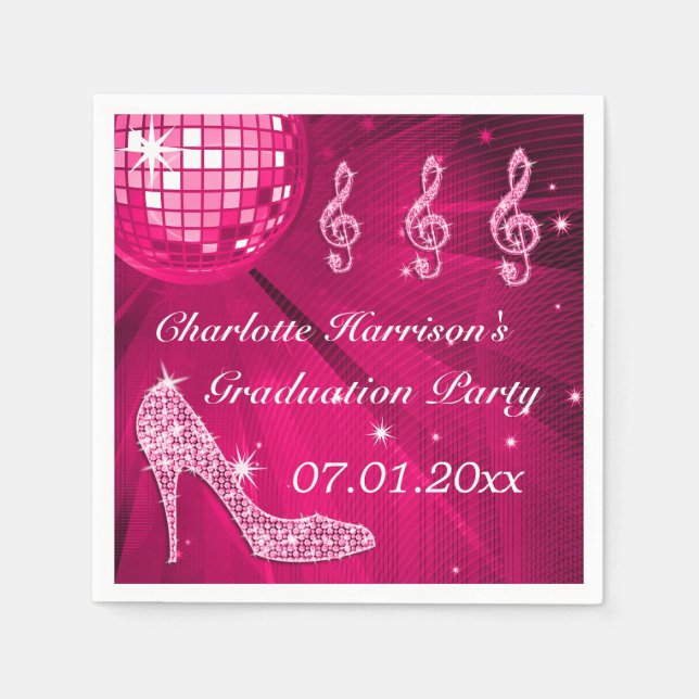 Hot Pink Disco Ball and Sparkle Heels Graduation Napkin (Front)