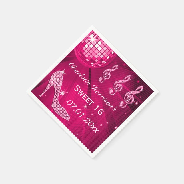 Hot Pink Disco Ball and Sparkle Heels Sweet 16 Napkin (Corner)