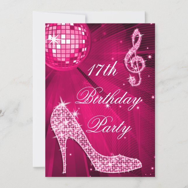 Hot Pink Disco Ball Sparkle Heels 17th Birthday Invitation (Front)
