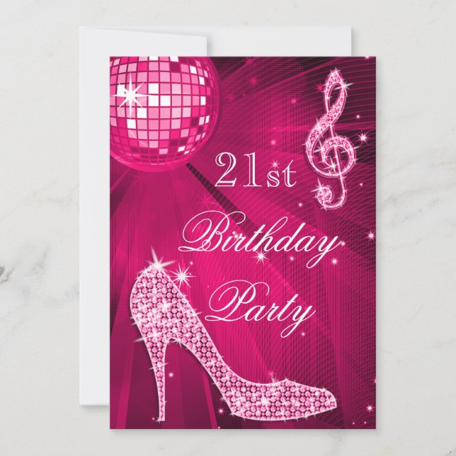 Hot Pink Disco Ball Sparkle Heels 21st Birthday Invitation (Front)