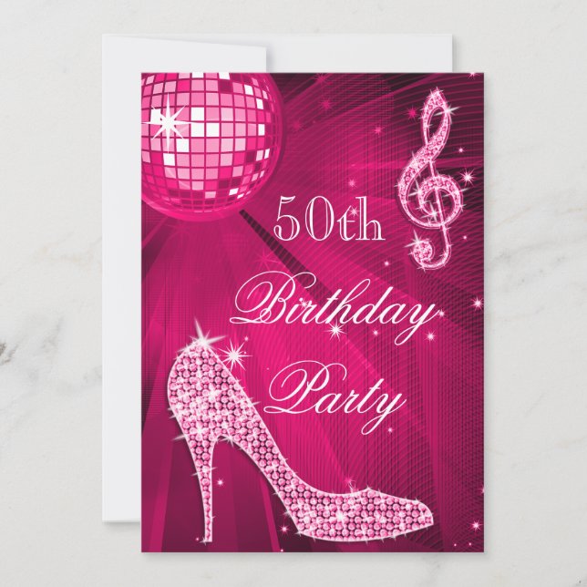 Hot Pink Disco Ball Sparkle Heels 50th Birthday In Invitation (Front)