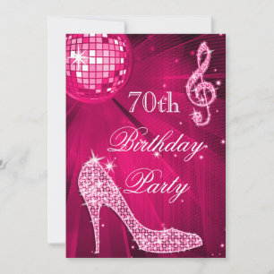 Hot Pink Disco Ball Sparkle Heels 70th Birthday Invitation