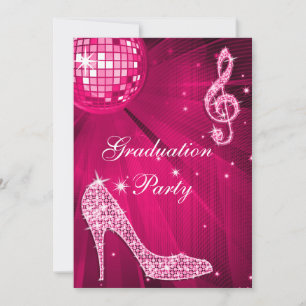 Hot Pink Disco Ball Sparkle Heels Graduation Invitation