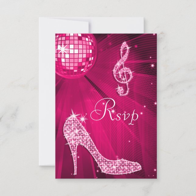 Hot Pink Disco Ball Sparkle Heels RSVP Card (Front)