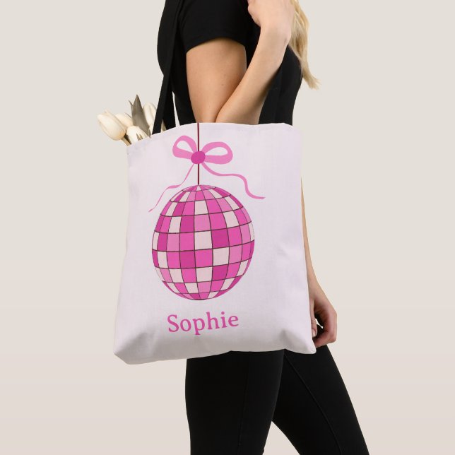 Hot Pink Disco Ball with Coquette Bow custom  Tote Bag (Close Up)
