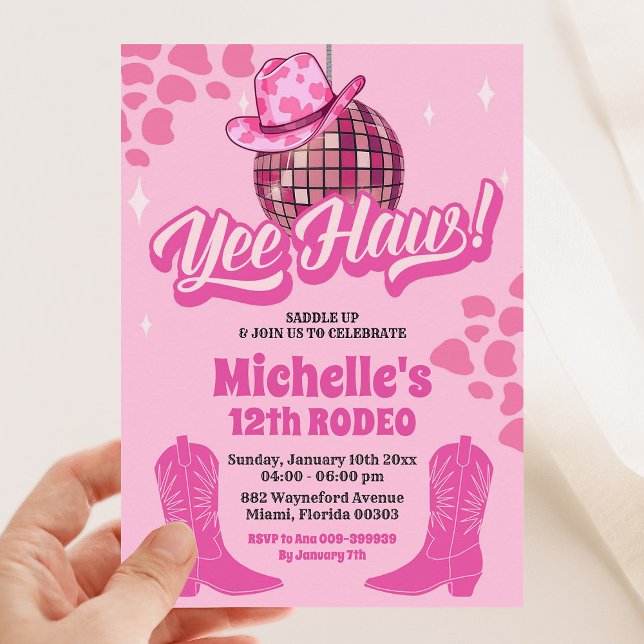 Hot Pink Disco Cowgirl yeehaw Birthday Party Invitation (Creator Uploaded)