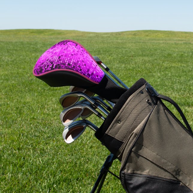 Hot pink disco mirror squares and sparkles golf head cover (In Situ)