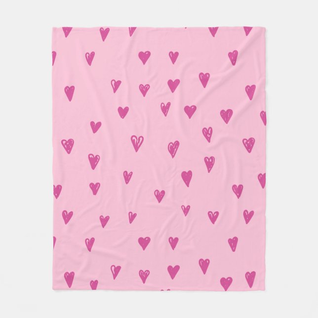 Hot Pink Doodles Cute Heart Pattern Fleece Blanket (Front)