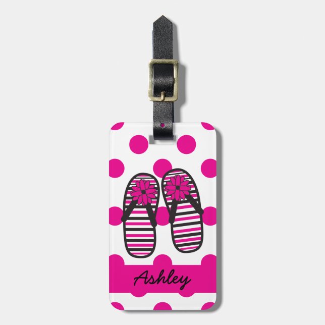 Hot Pink Dots & Flip Flops Luggage Tag (Front Vertical)