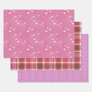 Hot pink dots, stars and plaid wrapping paper sheet