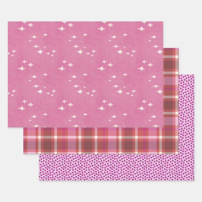 Hot pink dots, stars and plaid wrapping paper sheet (Set)
