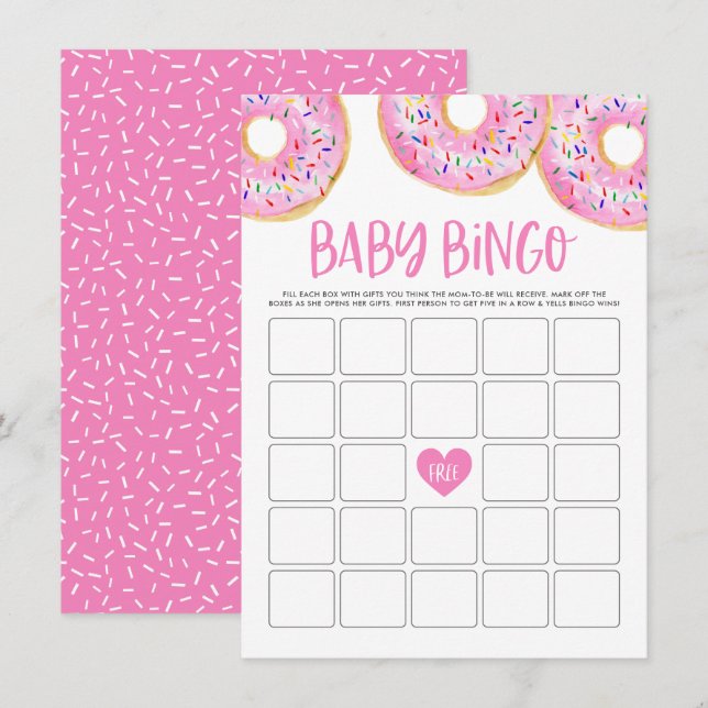 Hot Pink Doughnuts Baby Shower Bingo Game Card (Front/Back)