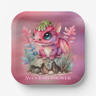 Hot Pink Dragon Girl Baby Shower Paper Plate