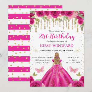 Hot Pink Dress Blonde Haired Princess Birthday Invitation