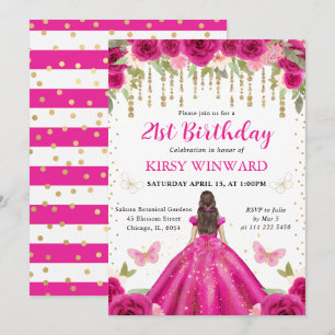 Hot Pink Dress Brunette Haired Princess Birthday Invitation