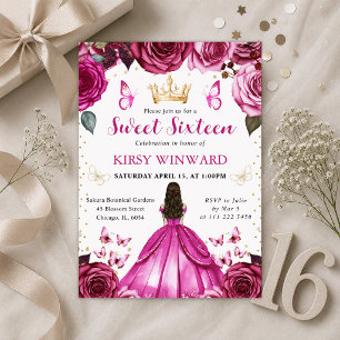 Hot Pink Dress Brunette Princess Sweet 16 Invitation