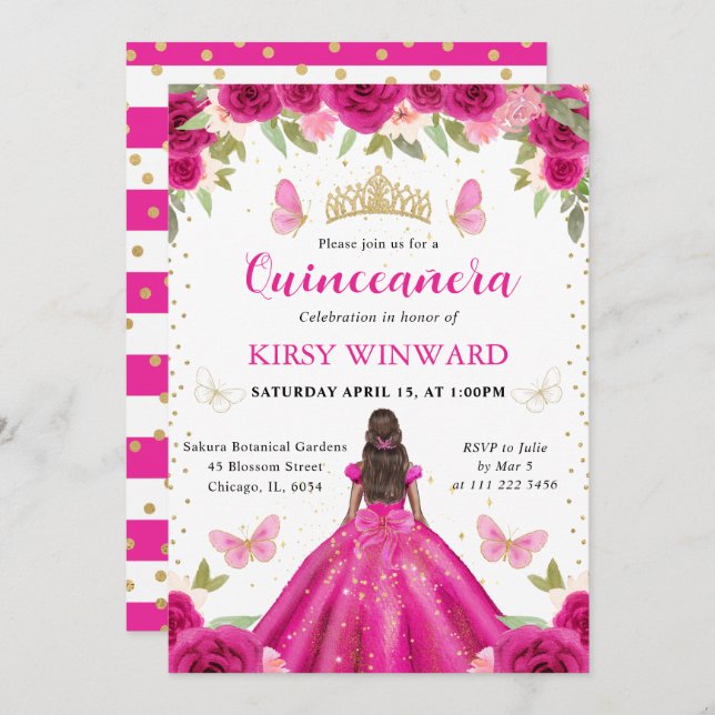 Hot Pink Dress Dark Skin Princess Quinceanera Invitation (Front/Back)
