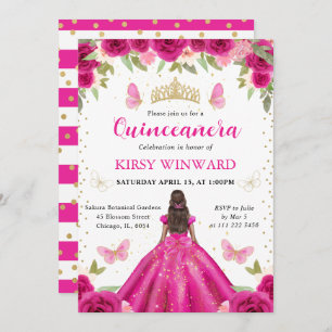 Hot Pink Dress Dark Skin Princess Quinceanera Invitation