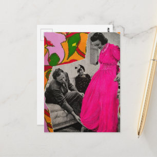 Hot Pink Dress Model Lady Flowers AI Enhanced Postcard