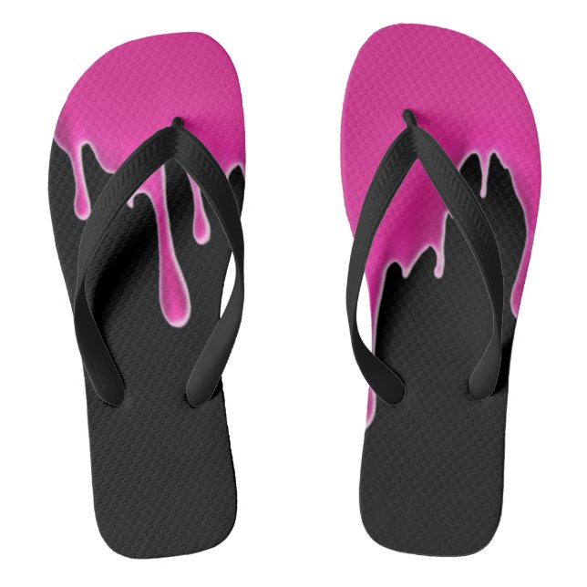 Hot Pink Drip Flip Flops, Adult Wide Strap Flip Flops (Footbed)