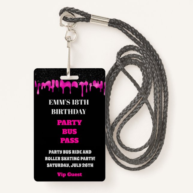 Hot Pink Dripping Glitter 18th Birthday VIP Pass  ID Badge (Front with Lanyard)
