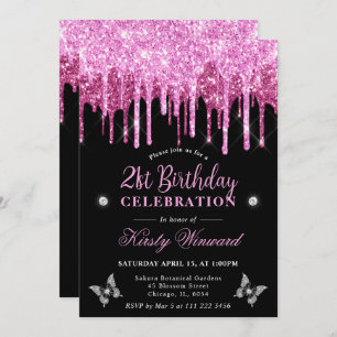Hot Pink Dripping Glitter 21st Birthday Invitation