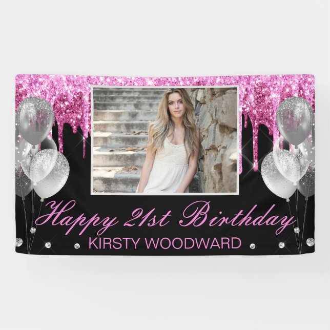 Hot Pink Dripping Glitter & Balloons Birthday Banner (Horizontal)