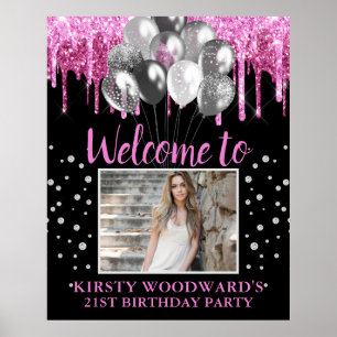 Hot Pink Dripping Glitter & Balloons Birthday Poster